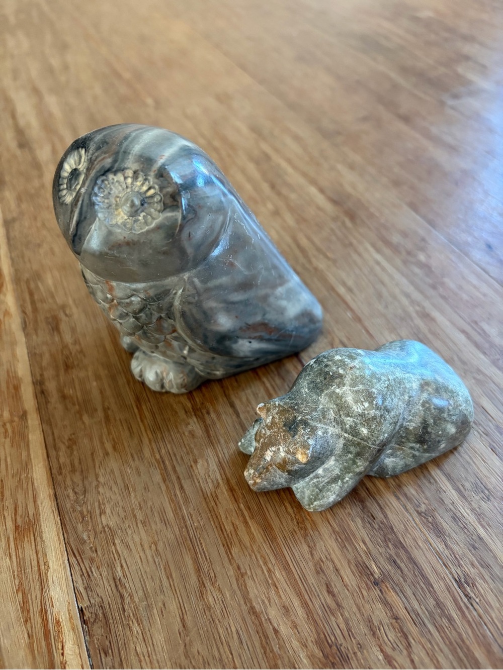 Soapstone Owl and Bear with Cub Figurines